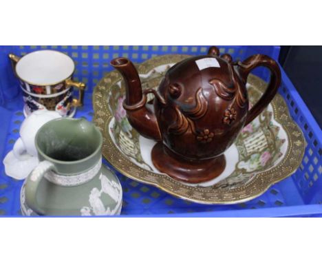 A Cadogan teapot, Noritake fruit bowl, Wedgwood cameo jug, Worcester Lotus wall pocket, Carlton ware pin dish, and a Royal Cr