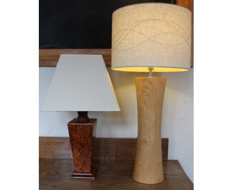 Modern turned wood table lamp and shade and another shorter lamp and shade