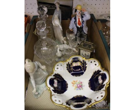 A box containing Lladro, cut glass, brass carriage clock, Continental fruit bowl, etc.
