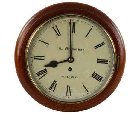 A mahogany cased wall clock by R.Grosvenor of Ellesmere, with 30 hour Fusee movement, diameter 34cm, working order