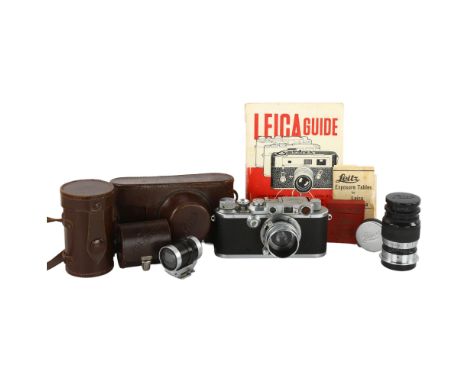 A 1936 Leica IIIa camera, serial No 188801,  a TEWE variable viewfinder, A Leica telephoto lens serial No 295536, Leica filte