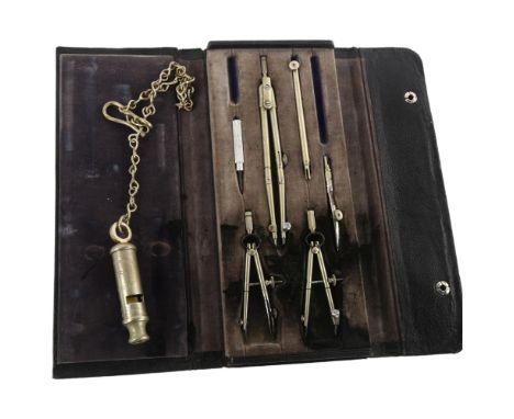 An early 20th century Essex Constabulary Police whistle, by J H Hudson, together with a cased geometry set 