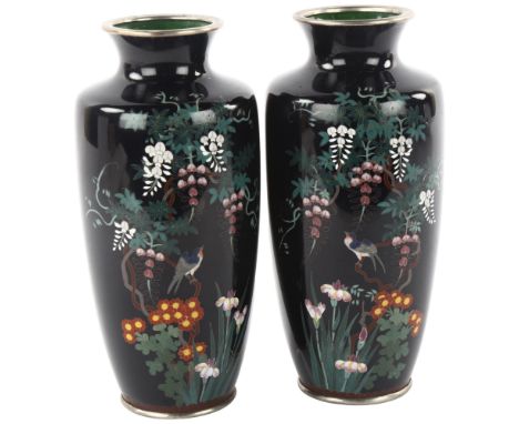 A pair of cloisonne vases, with bird and wisteria decoration, height 15cmGood condition, no damage, light pitting to enamels 