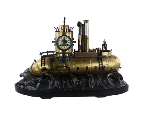 A large scale 20th century model of a submarine gunship with clock and barometer to turret, brass and bronzed metal detail, l