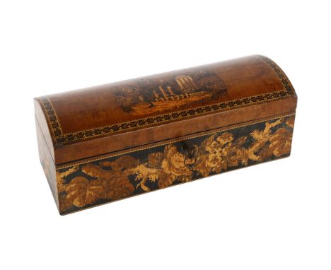 A Tunbridge Ware Chalybeate domed top box Circa 1870, with panel of Muckross Abbey, Killarney, length 26.5cmOverall good cond