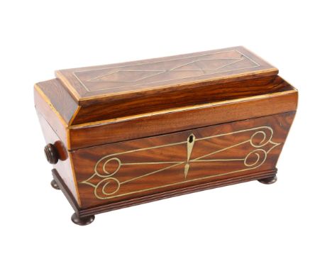 A late 18th, early 19th century brass inlaid tea caddy with interior fittings, length 35cmGood overall condition, slight spli