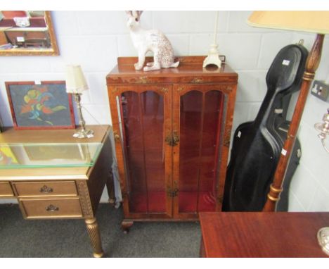 A Japanese chinoiserie painted walnut bureau, 103cm x 81cm x 48cm, display cabinet, 125cm x 75cm x 31cm, and an oak standard 