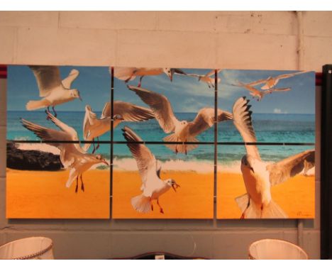 P Binage a six panel printed coastal scene of seagulls in flight, 65cm x 134cm 