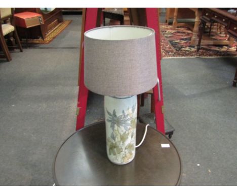 A Colin Kellam Devon studio pottery table lamp base, green flower design, together with a lined fabric shade 