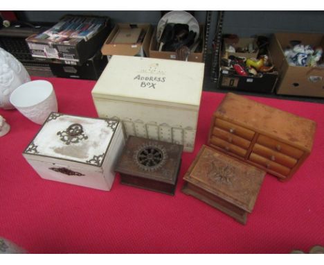 A wooden address box, miniature bank of drawers, tea caddy etc. (5) 