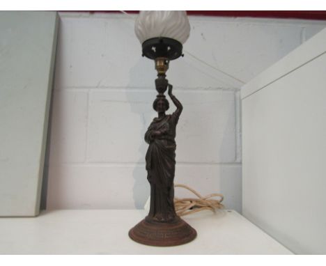 An Edwardian classical cast metal Roman female figure lamp with original flame glass shade 