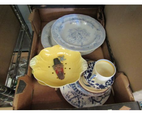 A box containing "Asiatic Pheasant" blue and white transferware (48cms and small platter) Royal Minton, Crown Derby, Susie Co