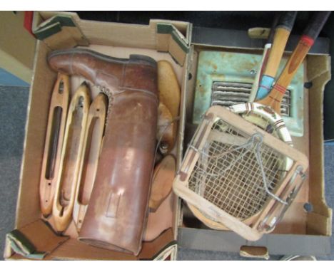 Two boxes of wooden wares, shoe lasts, weavers shuttles, tennis rackets (a/f) and an enamel heater face 