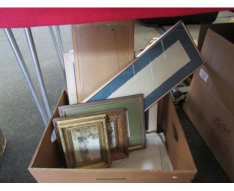 A box of pictures including abstract monotone of a branch, childs limited edition print of animals on train signed lower righ