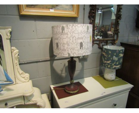 A baluster form table lamp with shade printed with buildings 