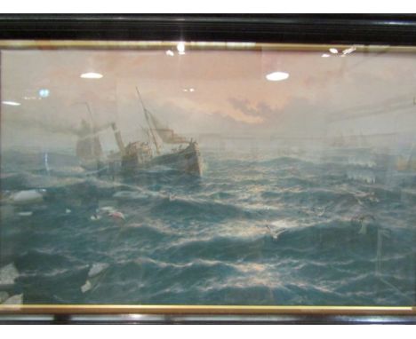 An Edwardian coloured print depicting a steam boat in rough sea in heavy ebonised frame, 35cm x 56cm 