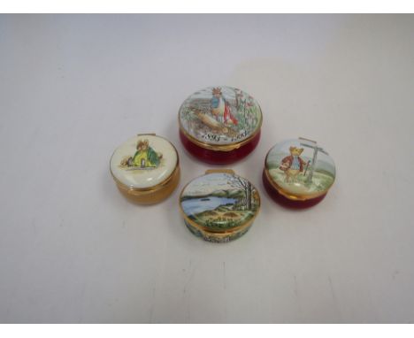 Four enamel pill pots Beatrix Potter themed including a commemorative centenary of Peter Rabbit 
