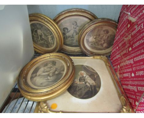 A set of four 19th Century oval gilt framed prints of children, together with a portrait of elderly lady (5) 