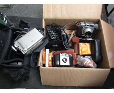 A box of cameras and accessories including Canon A-1 SLR body and Mycro miniature camera etc 