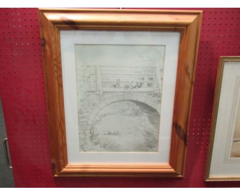 A Winnie the Pooh pencil sketch print of Pooh, Piglet and Rabbit on the bridge, Eeyore in the water, framed and glazed, 40cm 