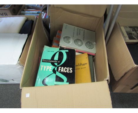 A box of typography and printing books, including Mouldtype Specimen Book, Encyclopedia of Type Faces, commercial engraving a