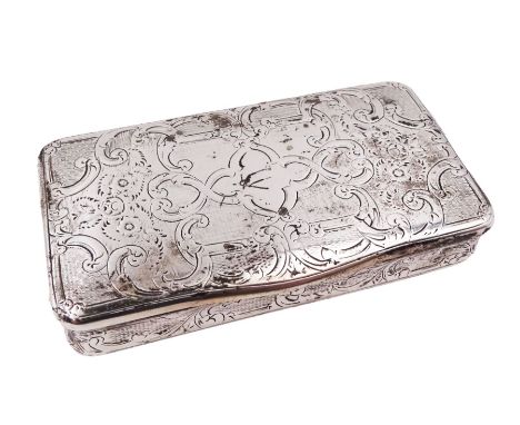 Late 19th century French silver snuff box, of rectangular form, with engraved and engine turned floral, quatrefoil and C scro