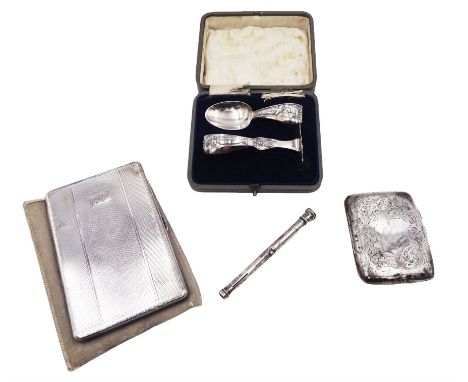 Mid 20th century silver cigarette case, of rectangular form with rounded corners, with engine turned decoration and engraved 