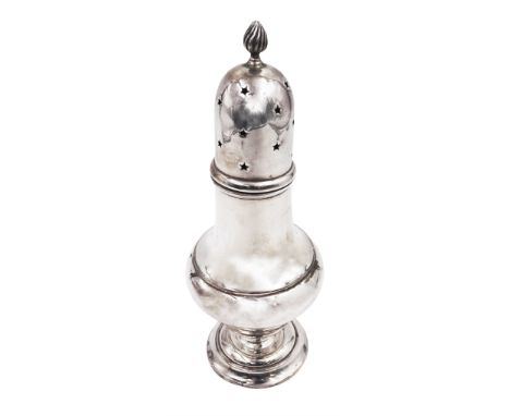 Early 20th century silver sugar sifter, of bellied form, with star pierced cover and flambeau finial, hallmarked C T Burrows 