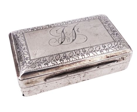 George III silver snuff box, of rectangular form, engraved to base with quote 'Esteem the Given' and to hinged cover with mon