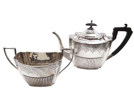 Victorian silver part tea service, comprising teapot, with ebonised handle and finial, and twin handled open sucrier, each of