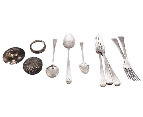 Group of Georgian and later silver, comprising five Old English pattern dessert forks, hallmarked Thomas Wallis (II) & Jonath