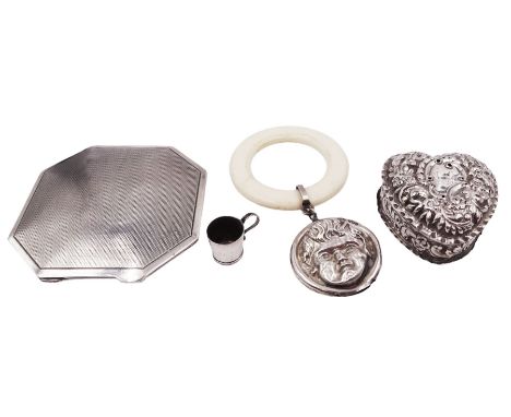 Group of silver, comprising comprising 1930s compact mirror, of octagonal form, with engine turned decoration to cover, hallm