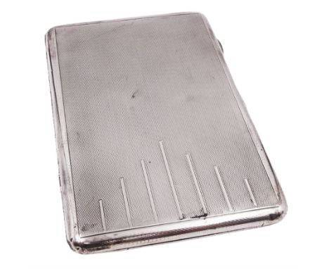 1930s silver cigarette case, of rectangular form with rounded corners, decorated with engine turned and geometric detail, ope