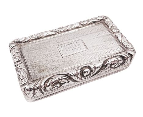 George IV silver snuff box, of rectangular form, with embossed foliate and scrolling rim, engraved cartouche and engine turne