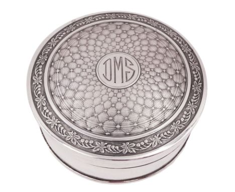 1920s silver trinket box, of ciruclar form, with rngraved cartouche, engine turned and foliate decoration to hinged cover, op