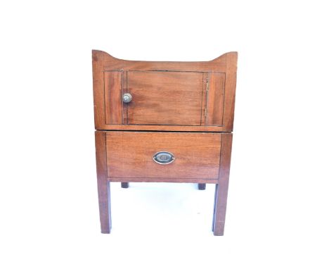 A George III mahogany night commode, with a galleried top, over a door and a pull out front, on square legs, 78.5 cm high x 5