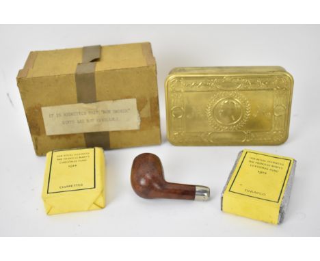 A complete WWI 1914 Christmas tin containing an open packet of cigarettes and an unopened packet of tobacco, in a cardboard b