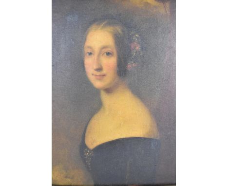 British school - a mid 19th century head and shoulder portrait of a young lady with flowers in her hair, oil on canvas, 26 cm
