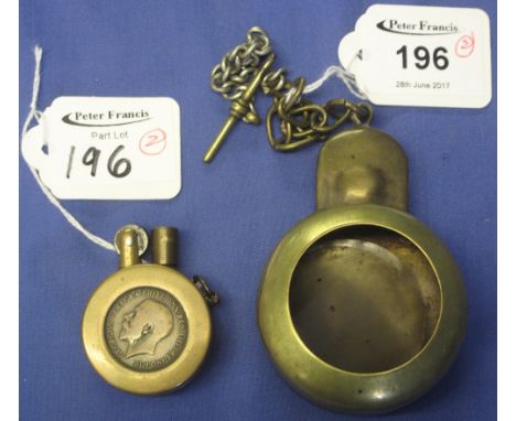 Brass miner's pocket watch case, together with coin set lighter. (2)(B.P. 24% incl. VAT)