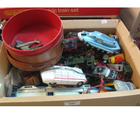 Box of heavily play worn diecast model cars and vehicles to include: Dinky Spectrum pursuit vehicle; maximum security vehicle