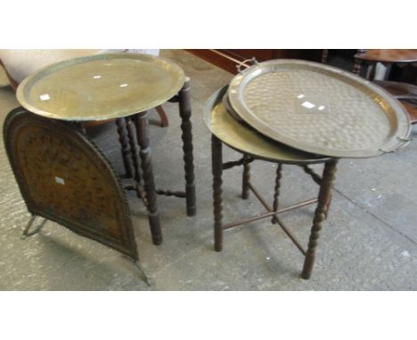 Collection of assorted, mainly brassware, to include two similar tray top folding tables, arch shaped fire screen, two handle