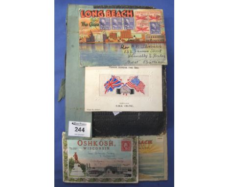 Postcard album to include: 'Hands Across the Sea: RMS Celtic' postcard; 'Long Beach, California' postcard pack; 'Oshkosh Wisc