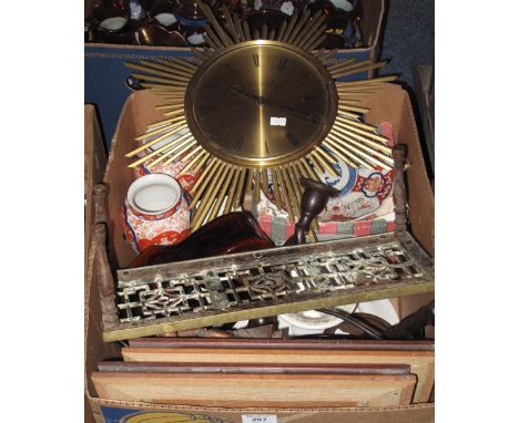 Box of assorted items to include: Junghans electronic starburst wall clock; pair of Japanese Imari vases; Japanese porcelain 