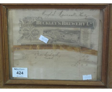 19th Century framed, hand written invoice from Buckleys Brewery for six gallons of Irish whiskey and six gallons of Scotch wh