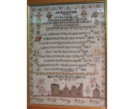 19th Century North of England well worked tapestry sampler, being 'a register of the family of John and Anne Banks, born at W