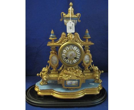 19th Century French gilt metal architectural mantel clock with porcelain panels and urn shaped pediment, gilded and painted p