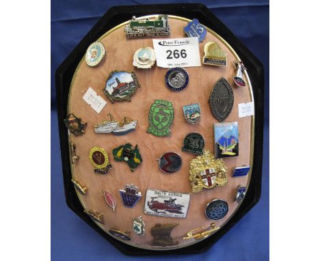 Octagonal badge and pin stand with assorted enamel and other badges to include: Sydney, Australia; Royal Photographic Society