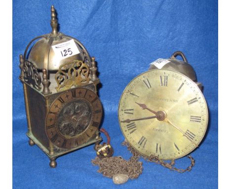 Brass faced alarm wall clock marked: Whitehurst and Son of Derby, together with a small 17th Century style lantern clock with