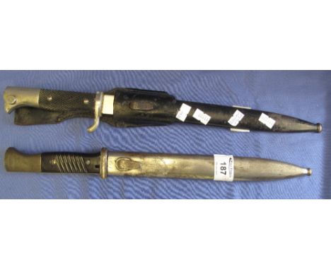 German Puma K98 type bayonet with chequered scales and metal scabbard, having leather frog, together with another German K98 