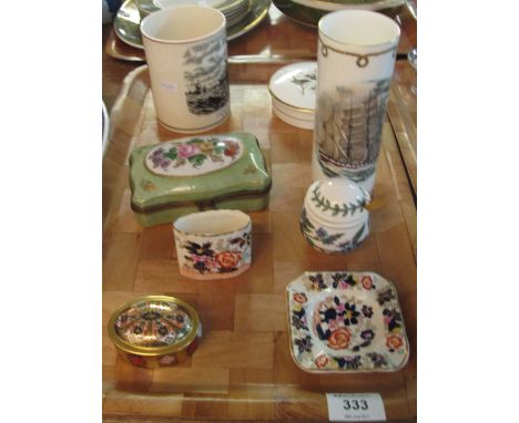 Tray of assorted china to include: Royal Crown Derby English bone china 'Imari' lidded trinket box; Coalport 'Sailing Ships, 